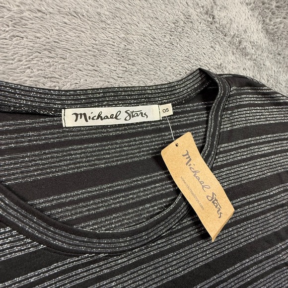 Michael Stars NWT Womens OS Black Silver Lurex Stripe Long Sleeve Top Wide Neck - Picture 2 of 7
